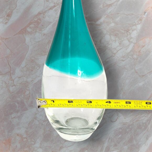 Vintage Murano Style Art Glass Vase Teal Over Clear 16" Long Neck Sommerso Blue - Picture 7 of 8